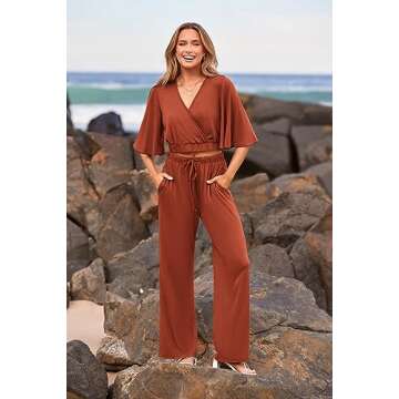 PRETTYGARDEN 2 Piece Outfits for Women Summer Casual Short Sleeve Wrap V Neck Crop Tops Wide Leg Pants Set (Brick Red,Large)