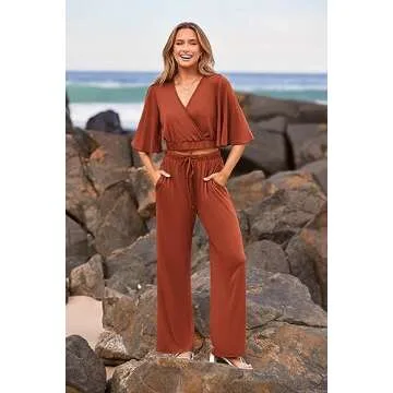 PRETTYGARDEN 2 Piece Outfits for Women Summer Casual Short Sleeve Wrap V Neck Crop Tops Wide Leg Pants Set (Brick Red,Large)