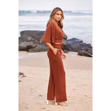 PRETTYGARDEN 2 Piece Outfits for Women Summer Casual Short Sleeve Wrap V Neck Crop Tops Wide Leg Pants Set (Brick Red,Large)