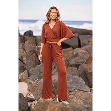 PRETTYGARDEN 2 Piece Outfits for Women Summer Casual Short Sleeve Wrap V Neck Crop Tops Wide Leg Pants Set (Brick Red,Large)