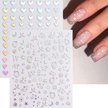 8 Sheets Stars Moon Nail Art Stickers,Nail Supplies 3D Self-Adhesive Nail Decals Holographic Laser H...