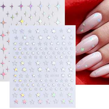 8 Sheets Stars Moon Nail Art Stickers,Nail Supplies 3D Self-Adhesive Nail Decals Holographic Laser Heart Flower Butterfly Flame Lines Glitter Silver Design Sticker for Women Girls Manicure Decoration