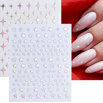8 Sheets Stars Moon Nail Art Stickers,Nail Supplies 3D Self-Adhesive Nail Decals Holographic Laser Heart Flower Butterfly Flame Lines Glitter Silver Design Sticker for Women Girls Manicure Decoration