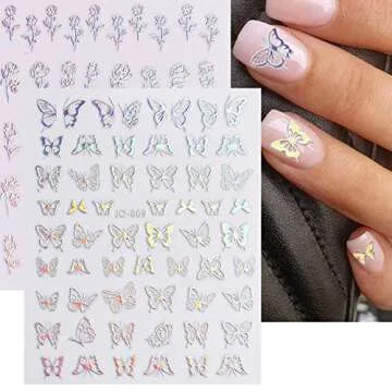 8 Sheets Stars Moon Nail Art Stickers,Nail Supplies 3D Self-Adhesive Nail Decals Holographic Laser Heart Flower Butterfly Flame Lines Glitter Silver Design Sticker for Women Girls Manicure Decoration