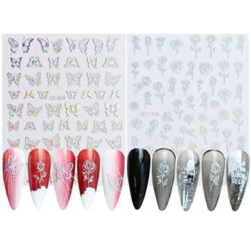 8 Sheets Stars Moon Nail Art Stickers,Nail Supplies 3D Self-Adhesive Nail Decals Holographic Laser Heart Flower Butterfly Flame Lines Glitter Silver Design Sticker for Women Girls Manicure Decoration