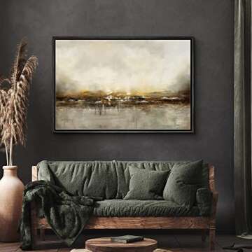 SIGNWIN Framed Canvas Wall Art Dramatic Golden Landscape by The Sea on a Cloudy Day Coastal Ocean Oil Painting Abstract Modern Closeup Relax/Calm for Living Room, Bedroom, Office - 24"x36" Black