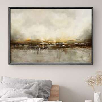 SIGNWIN Framed Canvas Wall Art Dramatic Golden Landscape by The Sea on a Cloudy Day Coastal Ocean Oil Painting Abstract Modern Closeup Relax/Calm for Living Room, Bedroom, Office - 24"x36" Black