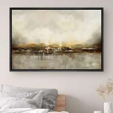 SIGNWIN Framed Canvas Wall Art Dramatic Golden Landscape by The Sea on a Cloudy Day Coastal Ocean Oil Painting Abstract Modern Closeup Relax/Calm for Living Room, Bedroom, Office - 24"x36" Black