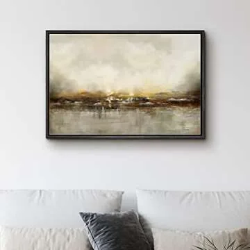 SIGNWIN Framed Canvas Wall Art Dramatic Golden Landscape by The Sea on a Cloudy Day Coastal Ocean Oil Painting Abstract Modern Closeup Relax/Calm for Living Room, Bedroom, Office - 24"x36" Black