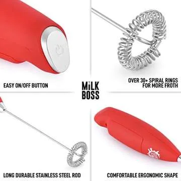 Milk Boss Powerful Milk Frother Handheld With Upgraded Holster Stand - Coffee Frother Electric Handheld Foam Maker - Milk Frother For Coffee, Lattes, Matcha & More - Electric Whisk Frother (Red)…