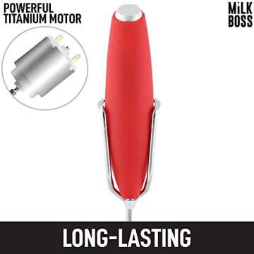 Milk Boss Powerful Milk Frother Handheld With Upgraded Holster Stand - Coffee Frother Electric Handheld Foam Maker - Milk Frother For Coffee, Lattes, Matcha & More - Electric Whisk Frother (Red)…