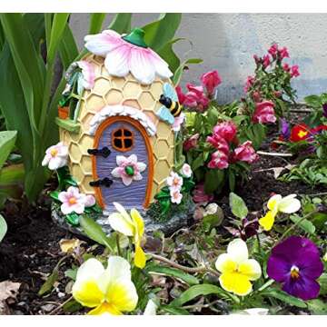 Mystic Garden Solar Resin Fairy Garden House. Beehive Design. Lights up at Night; Indoor or Outdoor Fairy Home for Flower Gardens, planters, Window Boxes, Terrarium or Yard.