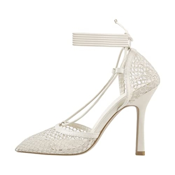 Richealnana Women's Square Toe Lace Tie Up Strappy Sandals High Heel Slim Heel Sandals Sexy Mesh Closed Toe Beige US 7