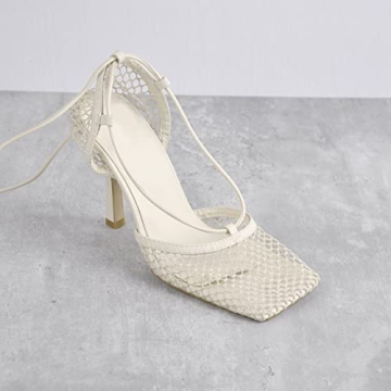 Richealnana Women's Square Toe Lace Tie Up Strappy Sandals High Heel Slim Heel Sandals Sexy Mesh Closed Toe Beige US 7