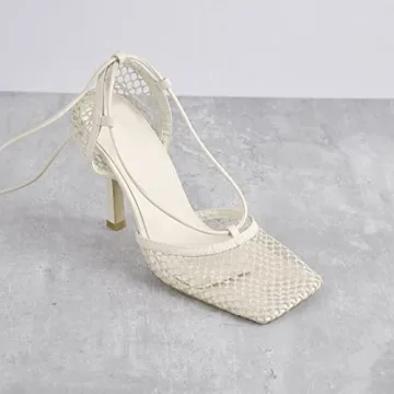 Richealnana Women's Square Toe Lace Tie Up Strappy Sandals High Heel Slim Heel Sandals Sexy Mesh Closed Toe Beige US 7