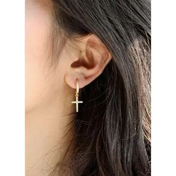 Me&Hz 14K Gold Plated Cross Dangle Drop Earrings for Women Men CZ Diamond Cross Huggie Hoop Earrings Dangling Gold Cross Earrings for Men Hypoallergenic Lightweight First Communion Gifts