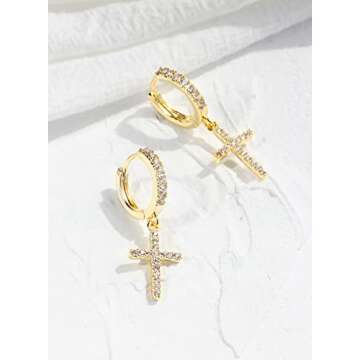 Me&Hz 14K Gold Plated Cross Dangle Drop Earrings for Women Men CZ Diamond Cross Huggie Hoop Earrings Dangling Gold Cross Earrings for Men Hypoallergenic Lightweight First Communion Gifts