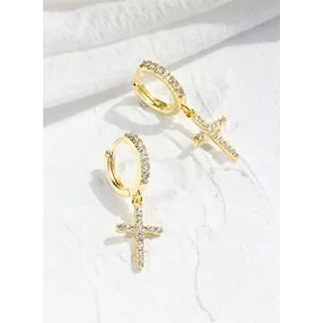 Me&Hz 14K Gold Plated Cross Dangle Drop Earrings for Women Men CZ Diamond Cross Huggie Hoop Earrings Dangling Gold Cross Earrings for Men Hypoallergenic Lightweight First Communion Gifts