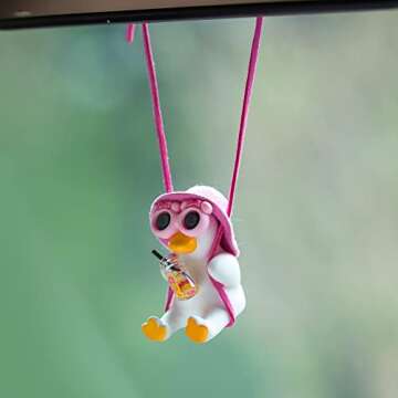 Cute Swinging Duck Car Hanging Ornament Rear View Mirror Hanging Accessories Car Mirror Hanging Accessories Cute Girly Car Accessories for Women Girl Car Pendant Car Charm Car Decor (Pink A)