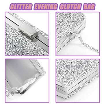 ELABEST Glitter Evening Clutch Bag Double Sided Diamond Bag Crossbody Purse Wedding Party Bag for Women and Girls (Silver)