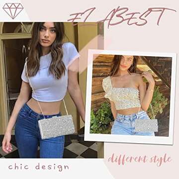 ELABEST Glitter Evening Clutch Bag Double Sided Diamond Bag Crossbody Purse Wedding Party Bag for Women and Girls (Silver)