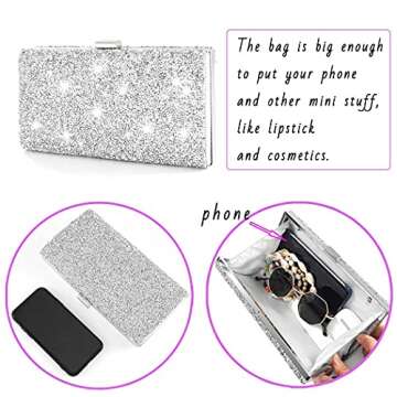 ELABEST Glitter Evening Clutch Bag Double Sided Diamond Bag Crossbody Purse Wedding Party Bag for Women and Girls (Silver)