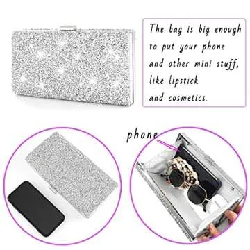 ELABEST Glitter Evening Clutch Bag Double Sided Diamond Bag Crossbody Purse Wedding Party Bag for Women and Girls (Silver)