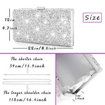 ELABEST Glitter Evening Clutch Bag Double Sided Diamond Bag Crossbody Purse Wedding Party Bag for Women and Girls (Silver)