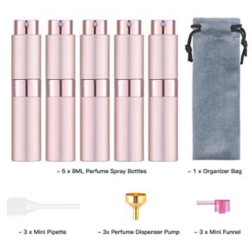 Tekson 5PCS 8ml Travel Perfume Atomizer Refillable, Mini Cologne Spray Bottle Empty, Small Aftershave Sprayer for Liquid Dispenser (Pink)