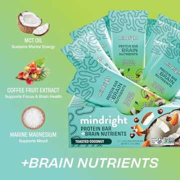 MINDRIGHT Superfood Vegan Protein Bars - Gluten Free Non-Gmo Low Sugar - Plant based protein bars - All Natural Brain Food Healthy Snack To Help Enhance Mood & Energy (Toasted Coconut,12 Pack)