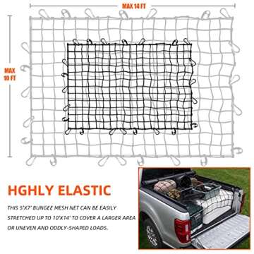 KARCOCA 5’ x 7'Cargo Net for Pickup Truck Bed Stretches to 10' x 14' Heavy-Duty, Mesh Square Latex...