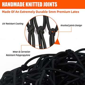 KARCOCA 5’ x 7'Cargo Net for Pickup Truck Bed Stretches to 10' x 14' Heavy-Duty, Mesh Square Latex Bungee Netting with 14 Metal Carabiners + 14 Hooks- Compatible with Ford, Dodge RAM, Chevy, Toyota