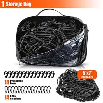 KARCOCA 5’ x 7'Cargo Net for Pickup Truck Bed Stretches to 10' x 14' Heavy-Duty, Mesh Square Latex Bungee Netting with 14 Metal Carabiners + 14 Hooks- Compatible with Ford, Dodge RAM, Chevy, Toyota