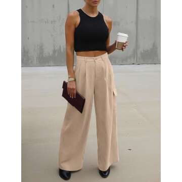 UEU Womens Cargo Pants High Waisted Wide Leg Dress Pants Baggy Work Casual Business Loose Pleated Ta...