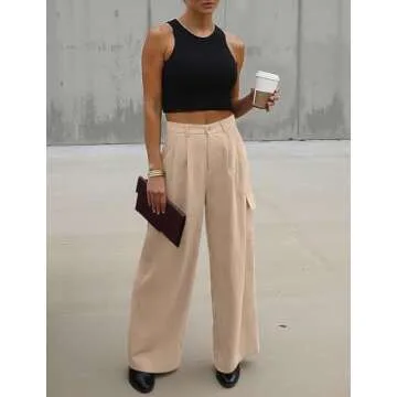 UEU Womens Cargo Pants High Waisted Wide Leg Dress Pants Baggy Work Casual Business Loose Pleated Ta...