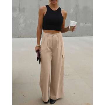 UEU Womens Cargo Pants High Waisted Wide Leg Dress Pants Baggy Work Casual Business Loose Pleated Tall Teacher Palazzo Trousers Slacks Fall Trendy Outfits with Pockets LightKhaki XS 28 Inseam