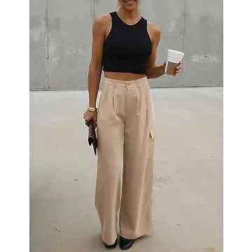 UEU Womens Cargo Pants High Waisted Wide Leg Dress Pants Baggy Work Casual Business Loose Pleated Tall Teacher Palazzo Trousers Slacks Fall Trendy Outfits with Pockets LightKhaki XS 28 Inseam