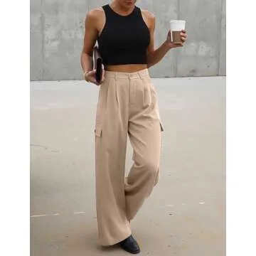 UEU Womens Cargo Pants High Waisted Wide Leg Dress Pants Baggy Work Casual Business Loose Pleated Tall Teacher Palazzo Trousers Slacks Fall Trendy Outfits with Pockets LightKhaki XS 28 Inseam