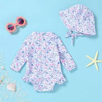 Infant Baby Girl Swimsuit One-Piece Long Sleeve Rash Guard with Hat Set Floral Zipper Bathing Suit Leopard Beach Wear (3-6 Months, Flower#2)