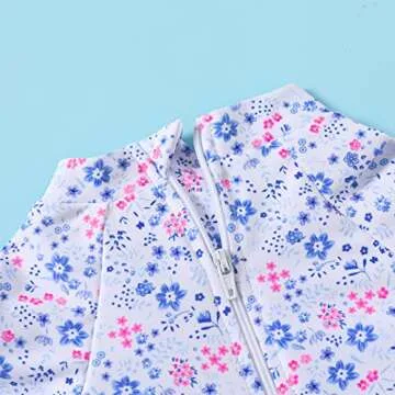 Infant Baby Girl Swimsuit One-Piece Long Sleeve Rash Guard with Hat Set Floral Zipper Bathing Suit Leopard Beach Wear (3-6 Months, Flower#2)