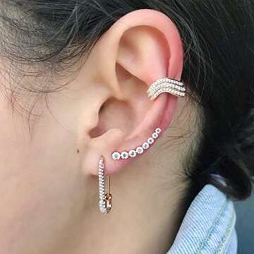 CZ Safety Pin Cartilage Sterling Silver Hoop Earrings for Women Girls Dainty Cubic Zirconia Dangle D...