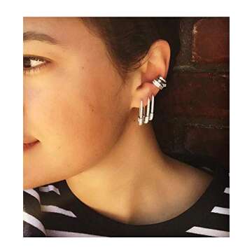 CZ Safety Pin Cartilage Sterling Silver Hoop Earrings for Women Girls Dainty Cubic Zirconia Dangle Drop Hypoallergenic Stud Post Crystal Huggie Fashion Hoops Jewelry 20mm Gold Tone