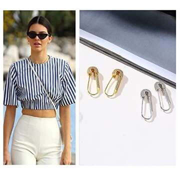 CZ Safety Pin Cartilage Sterling Silver Hoop Earrings for Women Girls Dainty Cubic Zirconia Dangle Drop Hypoallergenic Stud Post Crystal Huggie Fashion Hoops Jewelry 20mm Gold Tone