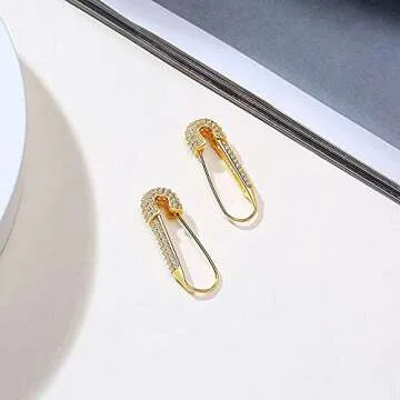 CZ Safety Pin Cartilage Sterling Silver Hoop Earrings for Women Girls Dainty Cubic Zirconia Dangle Drop Hypoallergenic Stud Post Crystal Huggie Fashion Hoops Jewelry 20mm Gold Tone