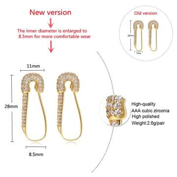 CZ Safety Pin Cartilage Sterling Silver Hoop Earrings for Women Girls Dainty Cubic Zirconia Dangle Drop Hypoallergenic Stud Post Crystal Huggie Fashion Hoops Jewelry 20mm Gold Tone