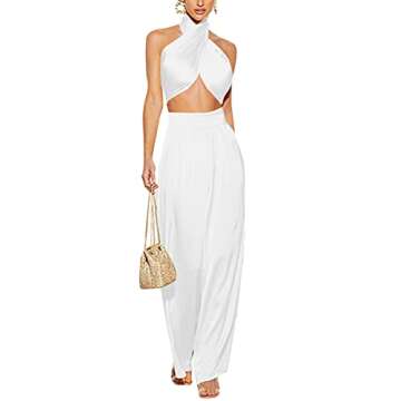 Dgebou Summer Elegant Two Piece Outfits for Women, Sexy Halter Criss Cross Tank Crop Tops and Wide L...