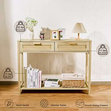 Graficial Console Table,2 Drawer Sofa Side Table, Hamilton Rattan Console Table for Living Room,Hall...
