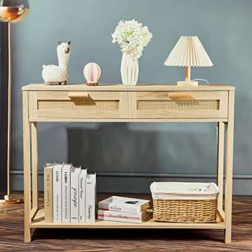 Graficial Console Table,2 Drawer Sofa Side Table, Hamilton Rattan Console Table for Living Room,Hallway