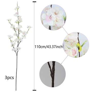 CISDUEO 3 Pcs Artificial Cherry Blossom Flower Pink Silk Peach Flowers Bulk Plum Blossom Flowers wit...