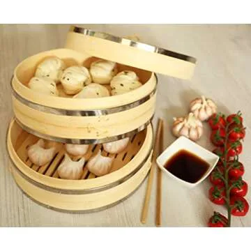 10 Inch (25.4cm) Premium Organic Bamboo Steamer by Harcas. Large 2 Tiers with Lid. Strong, Durable. Best for Dim Sum, Vegetables, Meat and Fish. Hand Made. Chopsticks Included